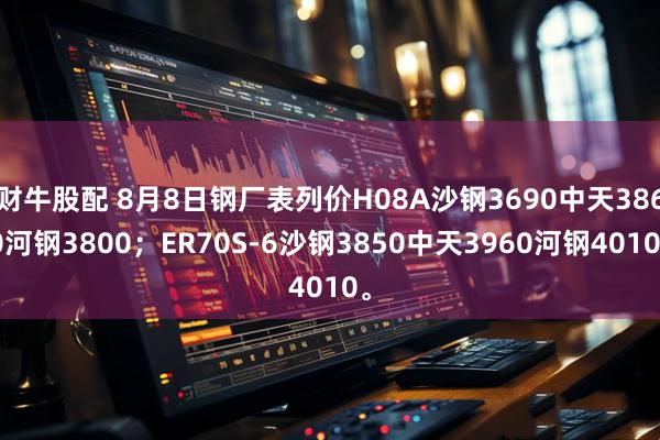 财牛股配 8月8日钢厂表列价H08A沙钢3690中天3860河钢3800；ER70S-6沙钢3850中天3960河钢4010。